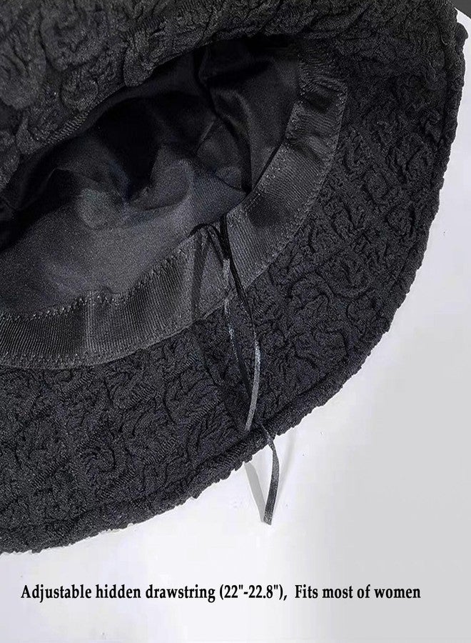 huablo Women's Lightweight Seersucker Jacquard Bucket Hat, Cute Sun Beach Hat, Packable Fisherman Cap for Outdoor Hiking Travel Black - Image 3